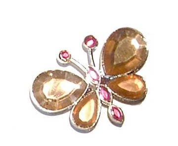 Papillon ORANGE métal et strass, Aimantée au dos
